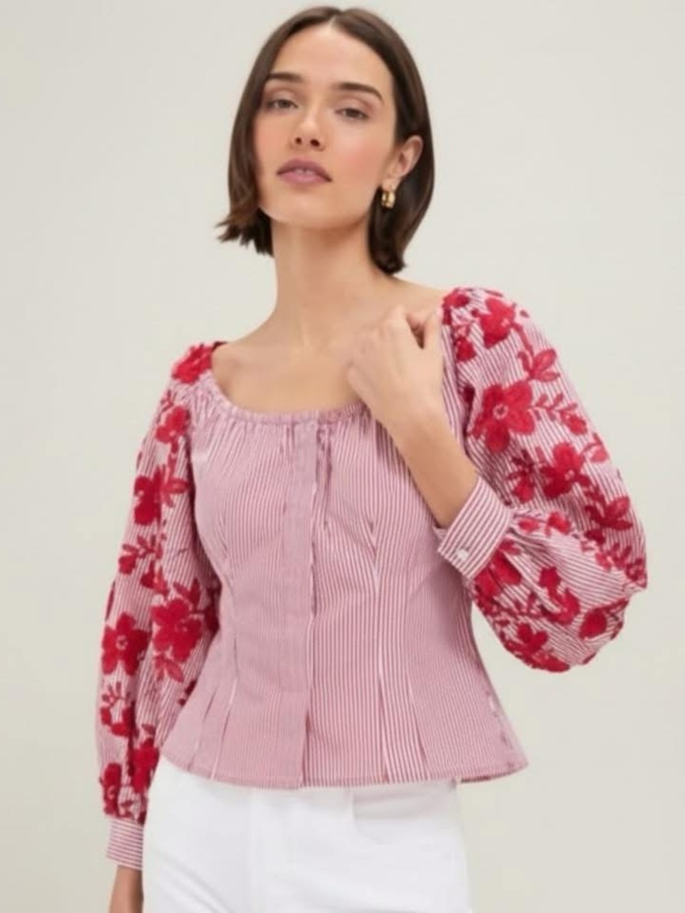 Tuckernuck Red Striped Top with Red Floral Puff Sleeves, NWT